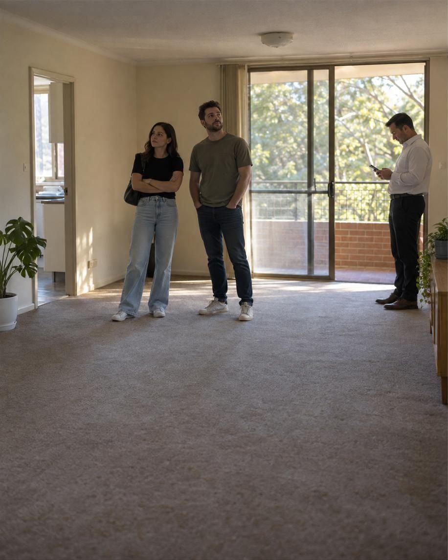 A quiet home open: one couple in a living room and an agent by the window