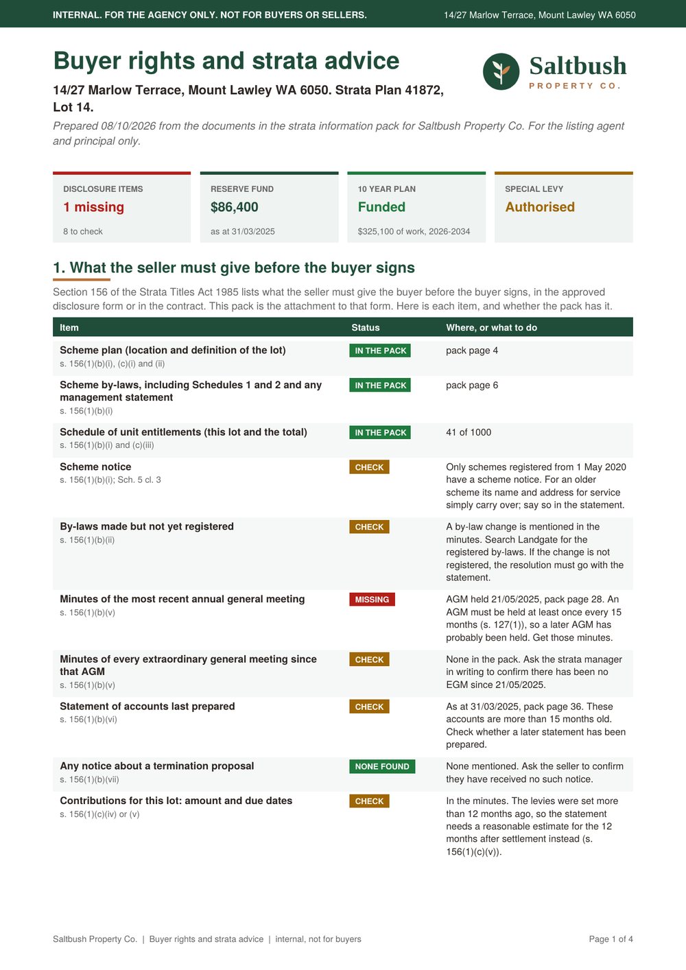 Page 1 of a sample advice sheet: the disclosure documents check, with items marked in the pack, missing or to check