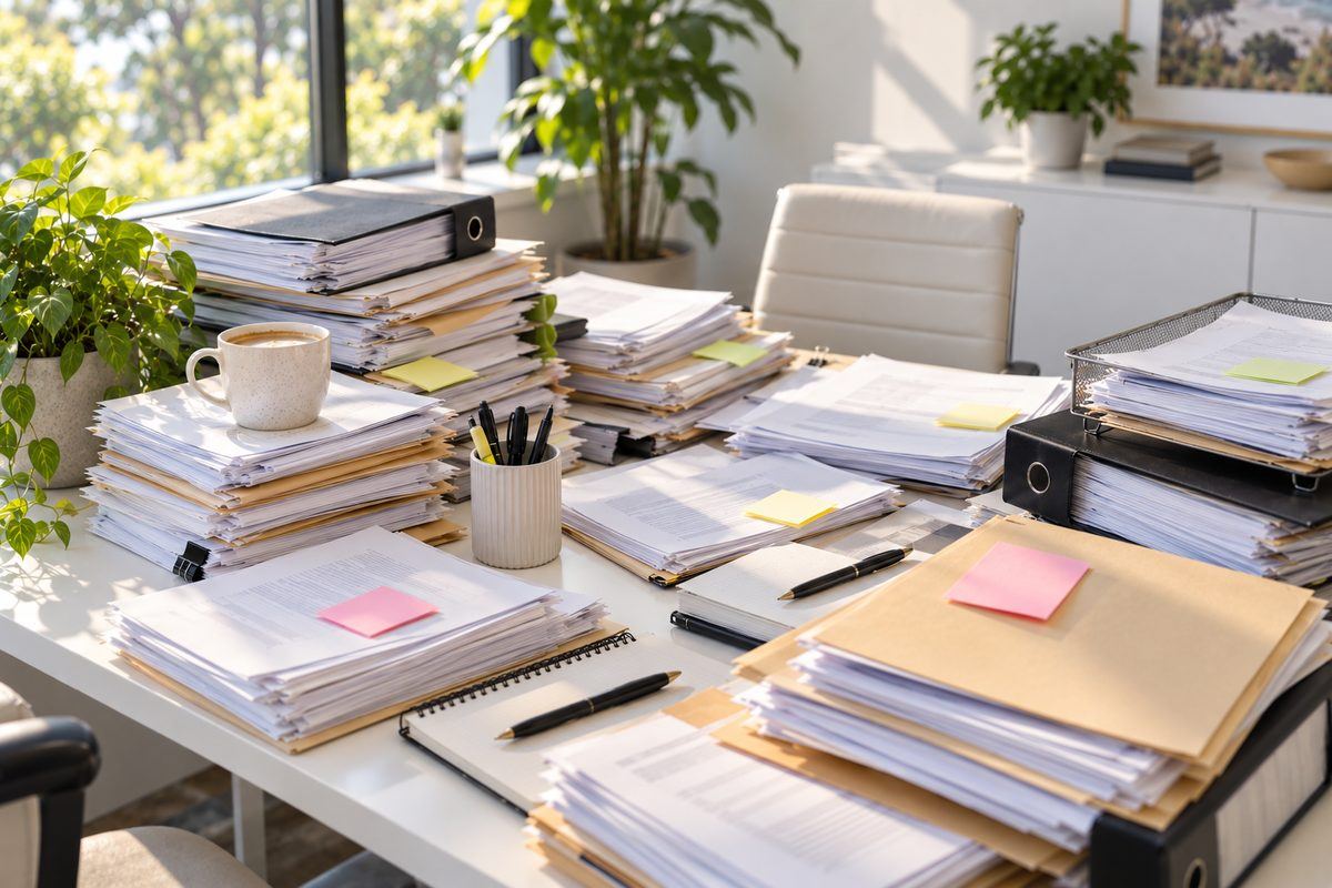 A desk covered in stacks of strata paperwork and folders