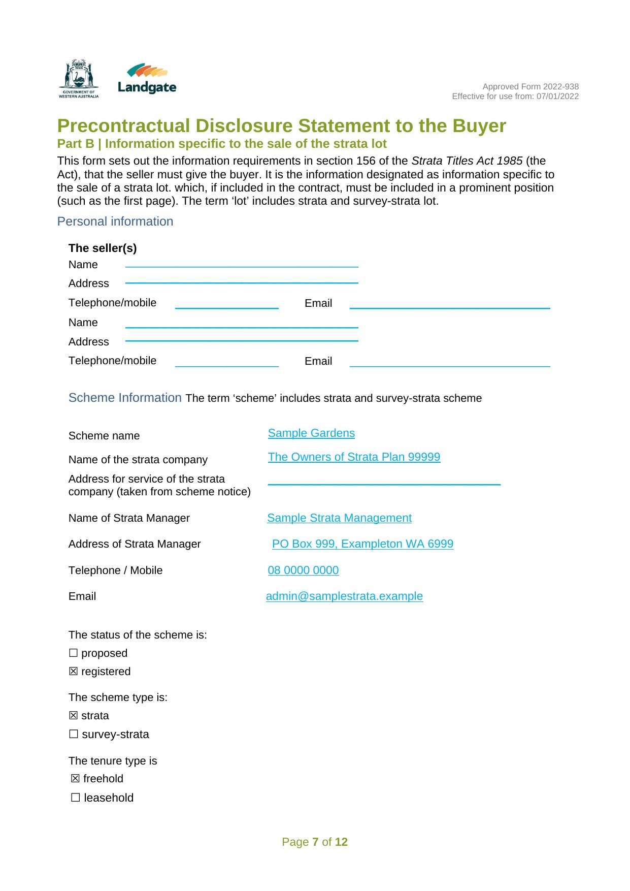 Landgate Precontractual Disclosure Statement, Part B page 7, with the scheme and strata manager filled in and the seller section left blank