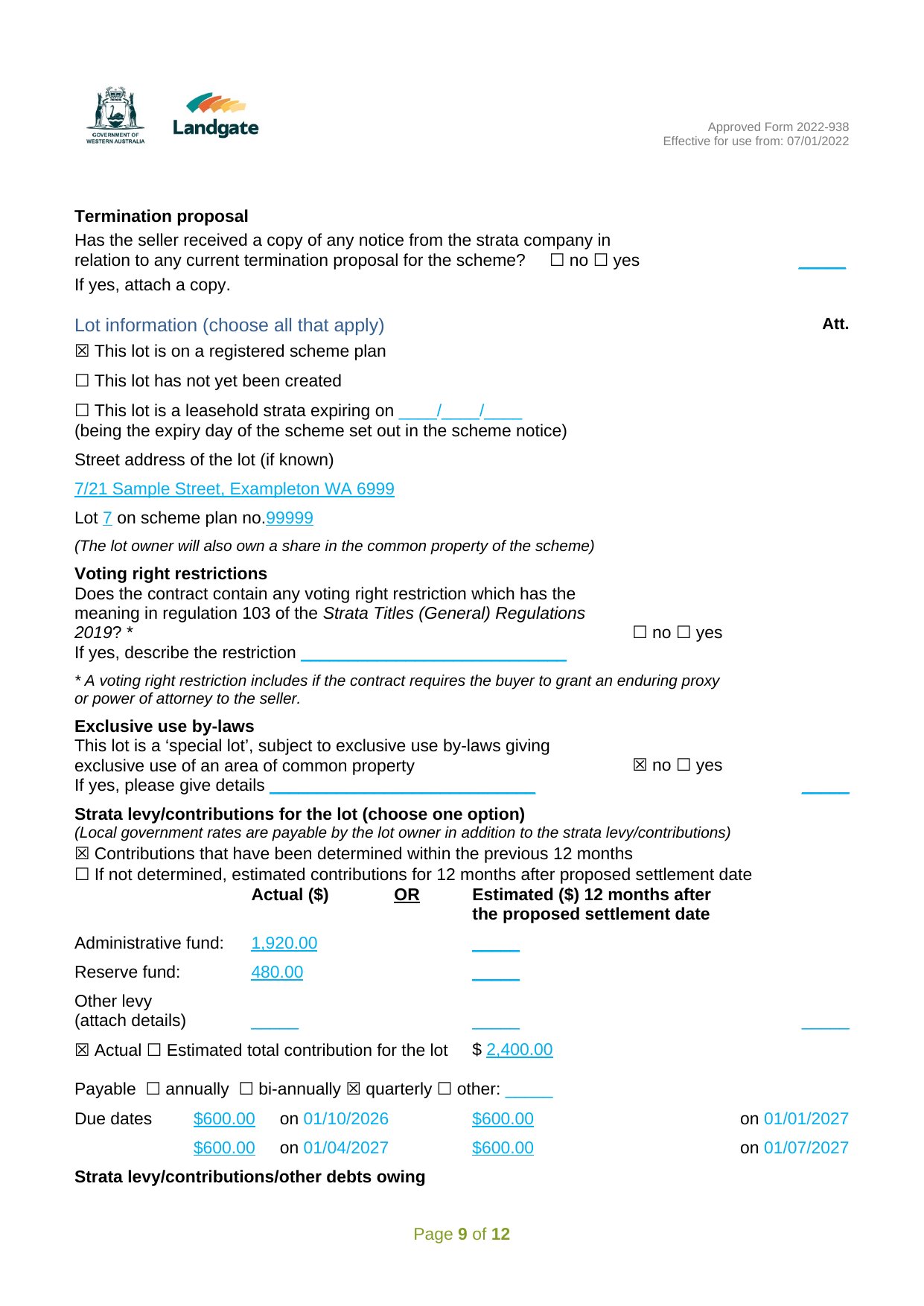 Landgate Precontractual Disclosure Statement, page 9, with the lot, the year's levies and four quarterly instalments with due dates filled in