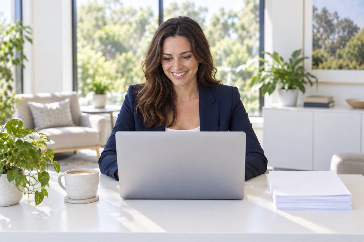 An agent at a laptop in a bright office