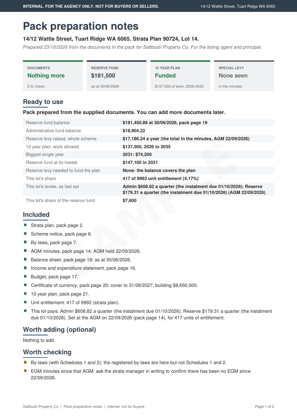 Page 1 of sample preparation notes: the figures at a glance, the documents included with pack page numbers, and points worth checking