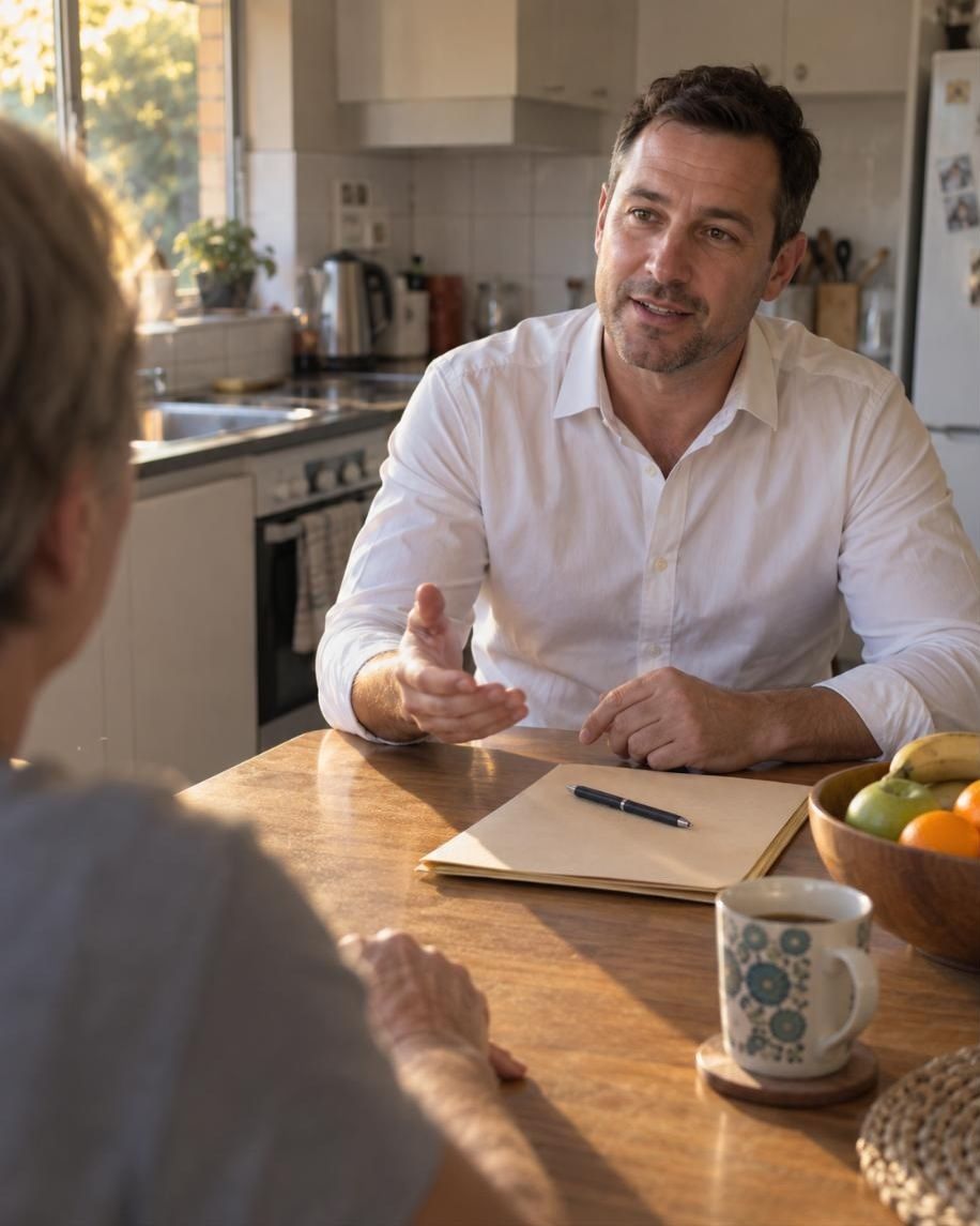 An agent at a seller's kitchen table, mid-sentence, with a folder and pen in front of him