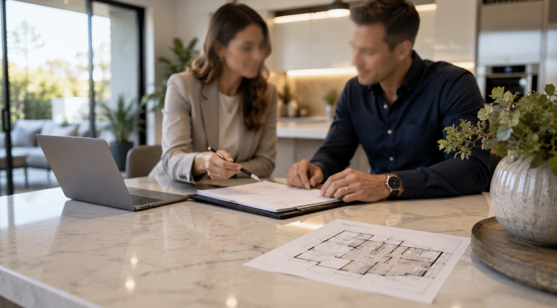A KPR agent and seller planning a campaign at the kitchen bench