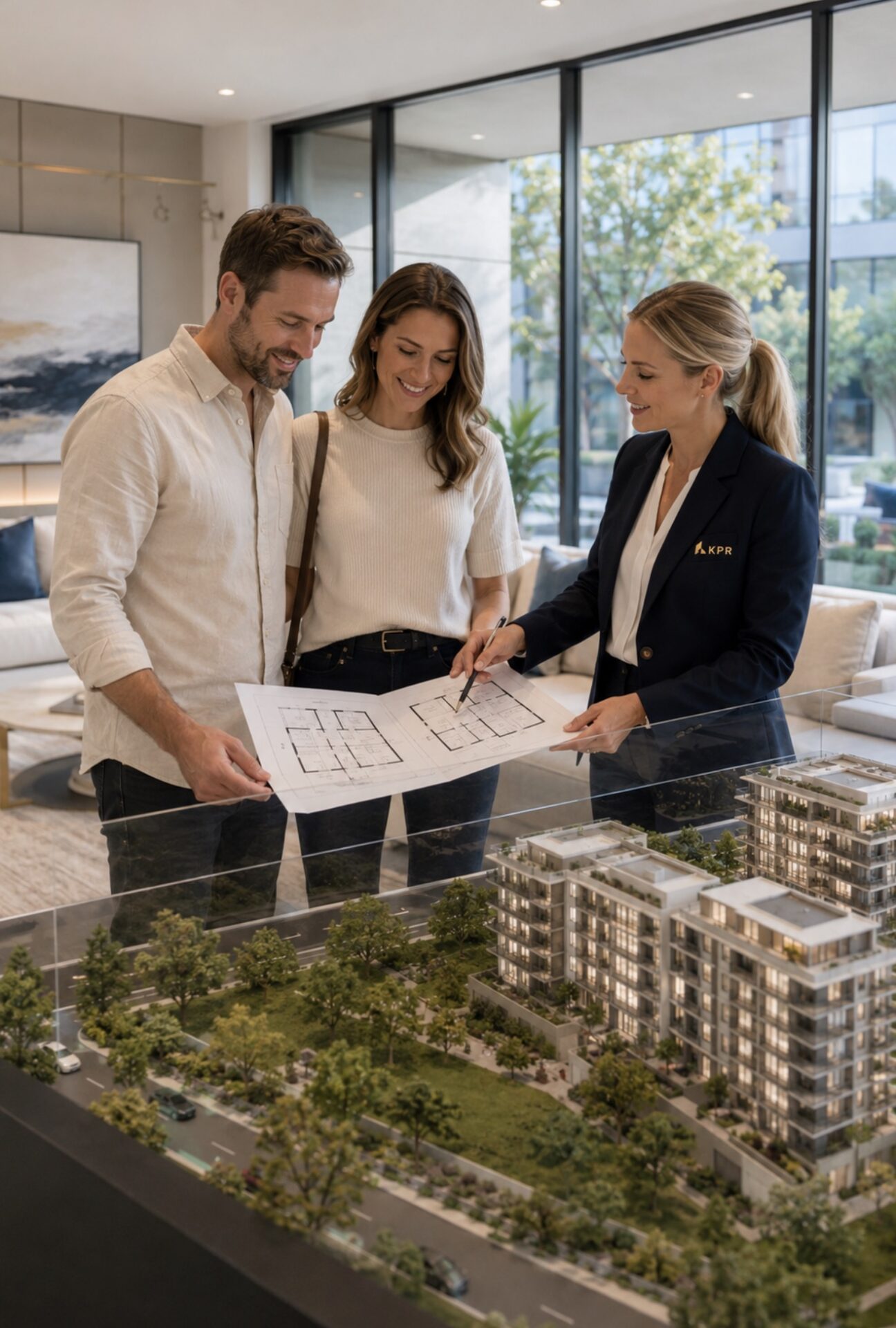 Buyers reviewing floor plans in a display suite