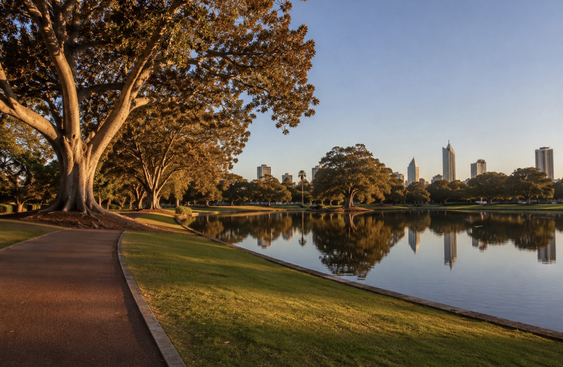 Hyde Park Perth with the city skyline