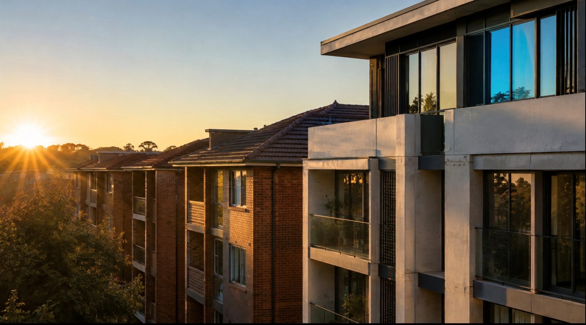 Sun rising behind the rooflines of older brick and new Perth apartment buildings