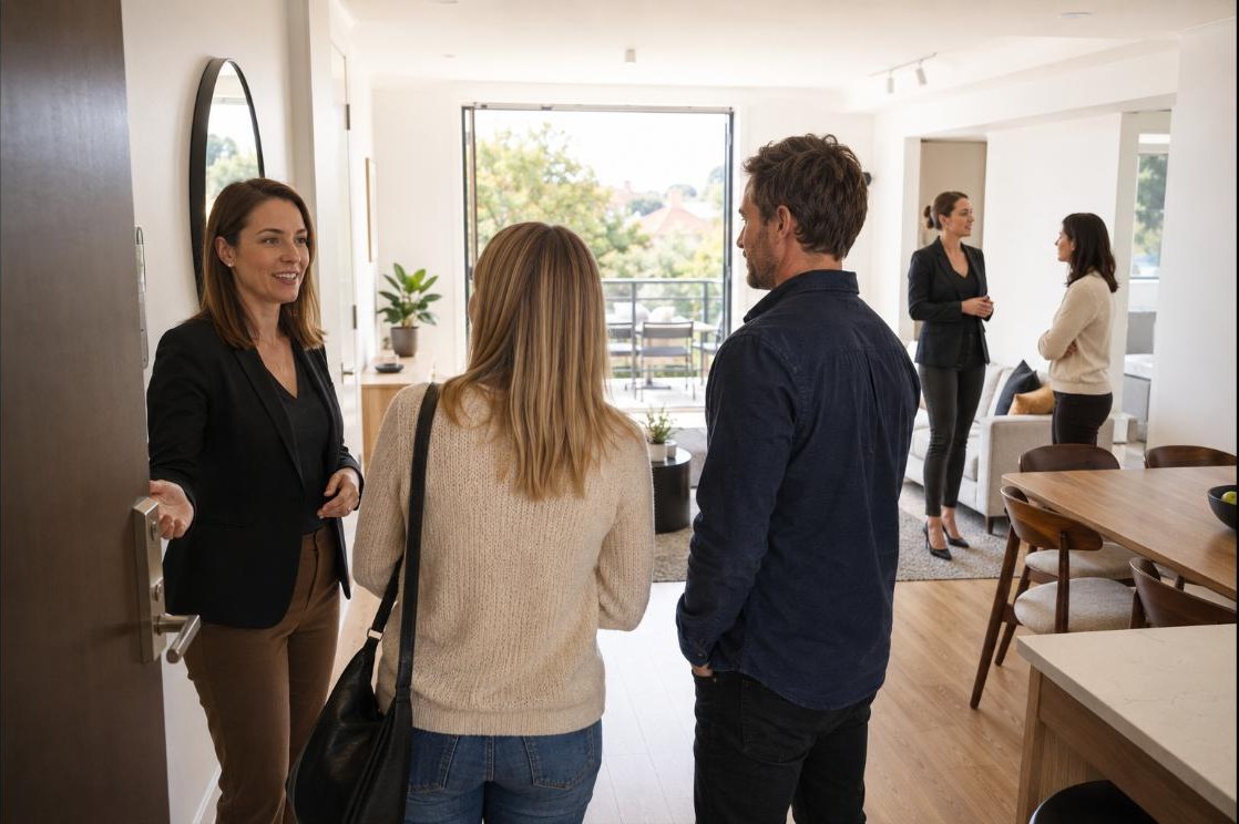 Buyers being greeted at a home open
