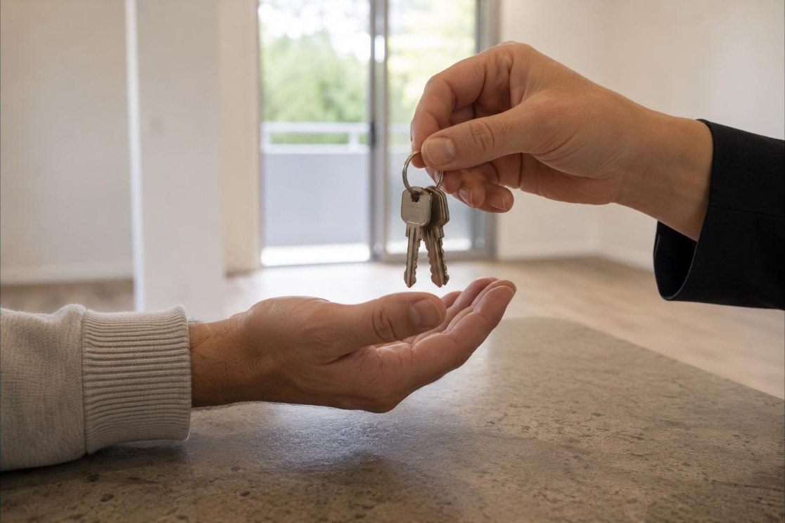 Keys being handed over in an empty apartment