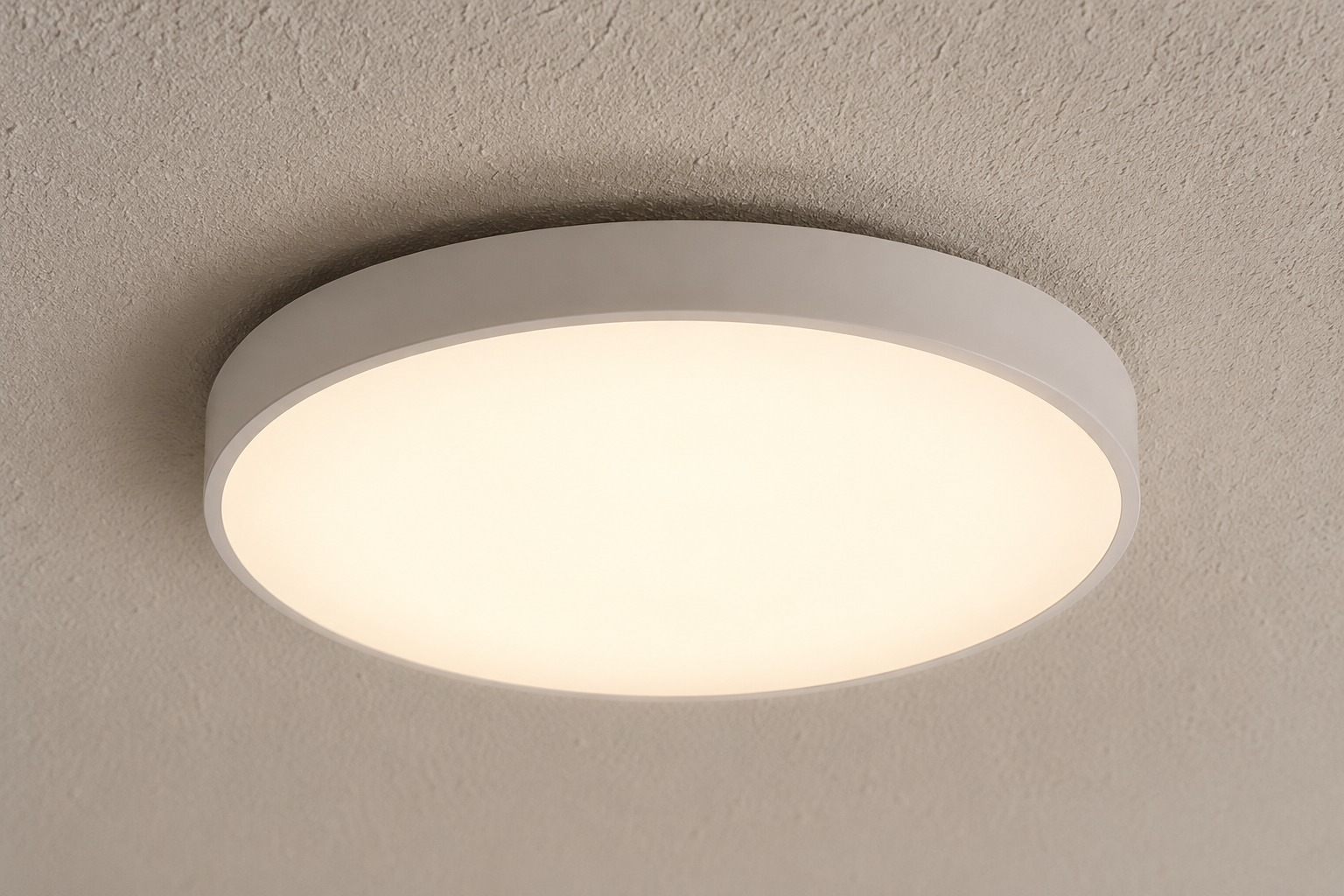 Flat round LED oyster light mounted directly on a textured concrete unit ceiling