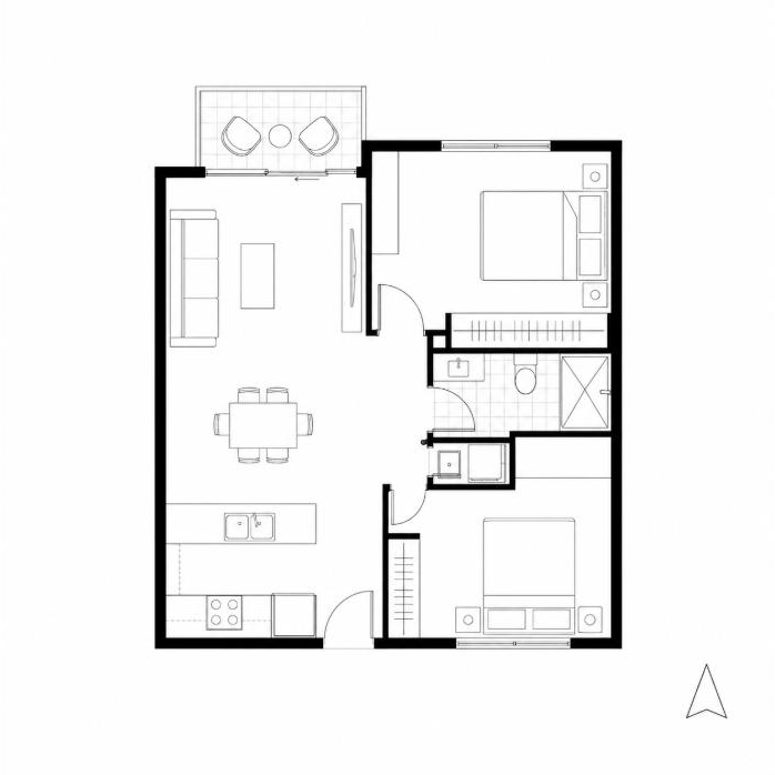 An example professional floor plan of a two bedroom apartment