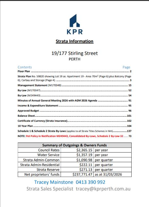 The cover page of a KPR strata information pack showing the contents list and the summary of outgoings