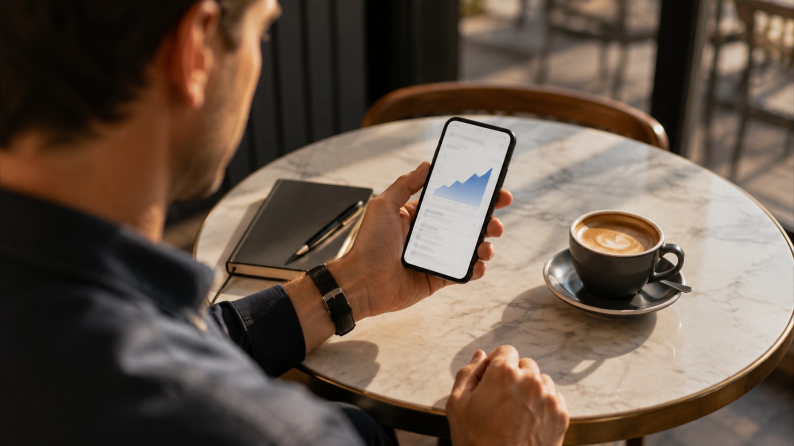 Owner checking rental figures on a phone over coffee