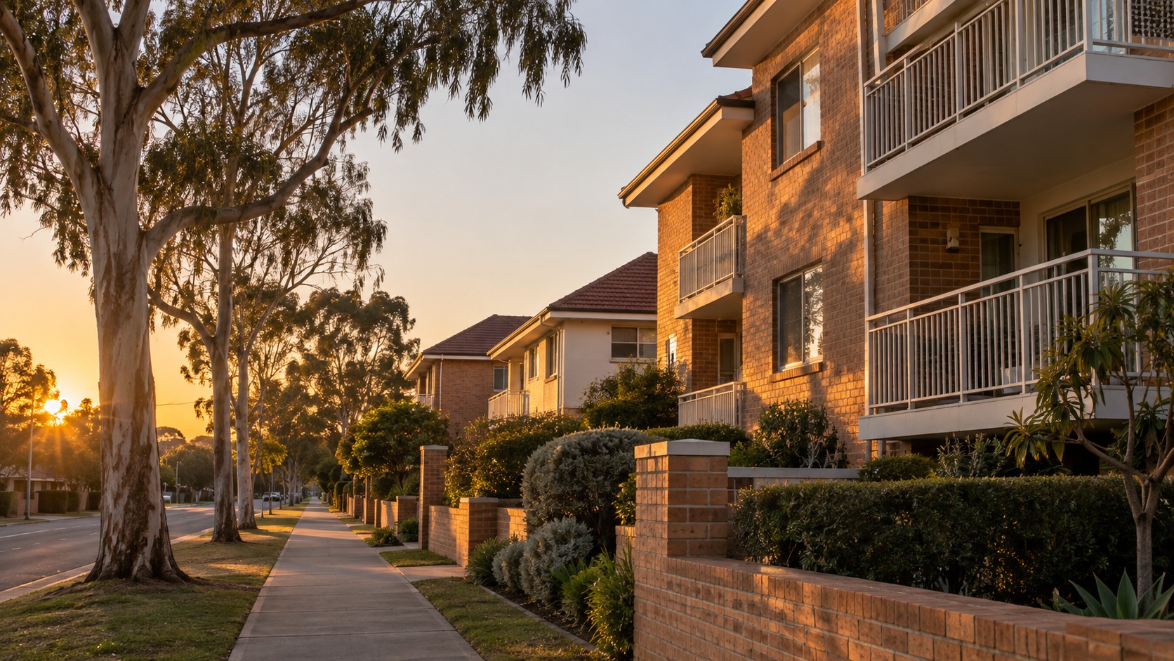 Sun rising behind the rooflines of older brick and new Perth apartment buildings