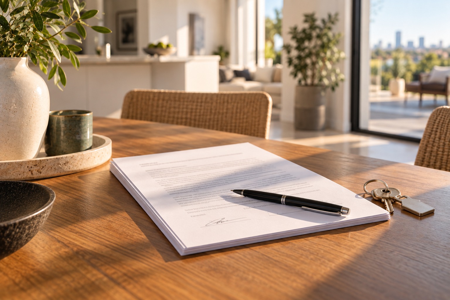 Reviewing a strata management contract at a table