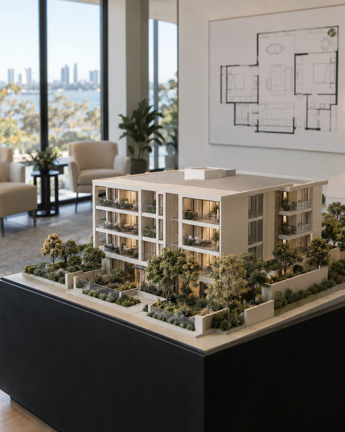 Buyers reviewing floor plans in a display suite