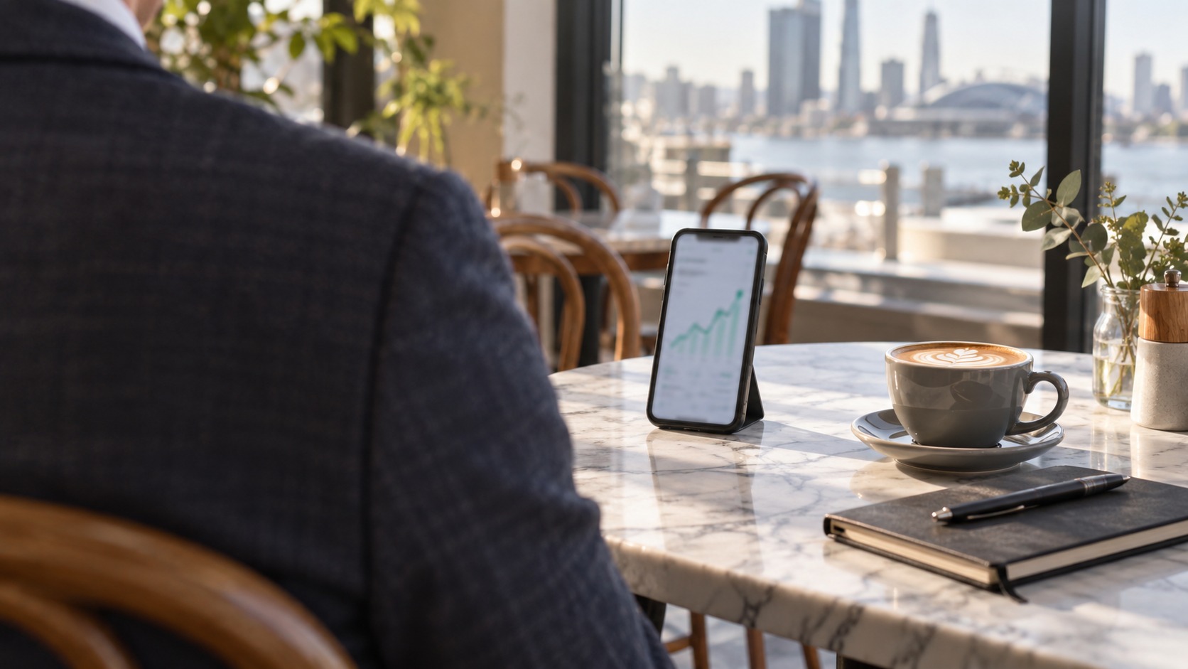 Owner checking rental figures on a phone over coffee