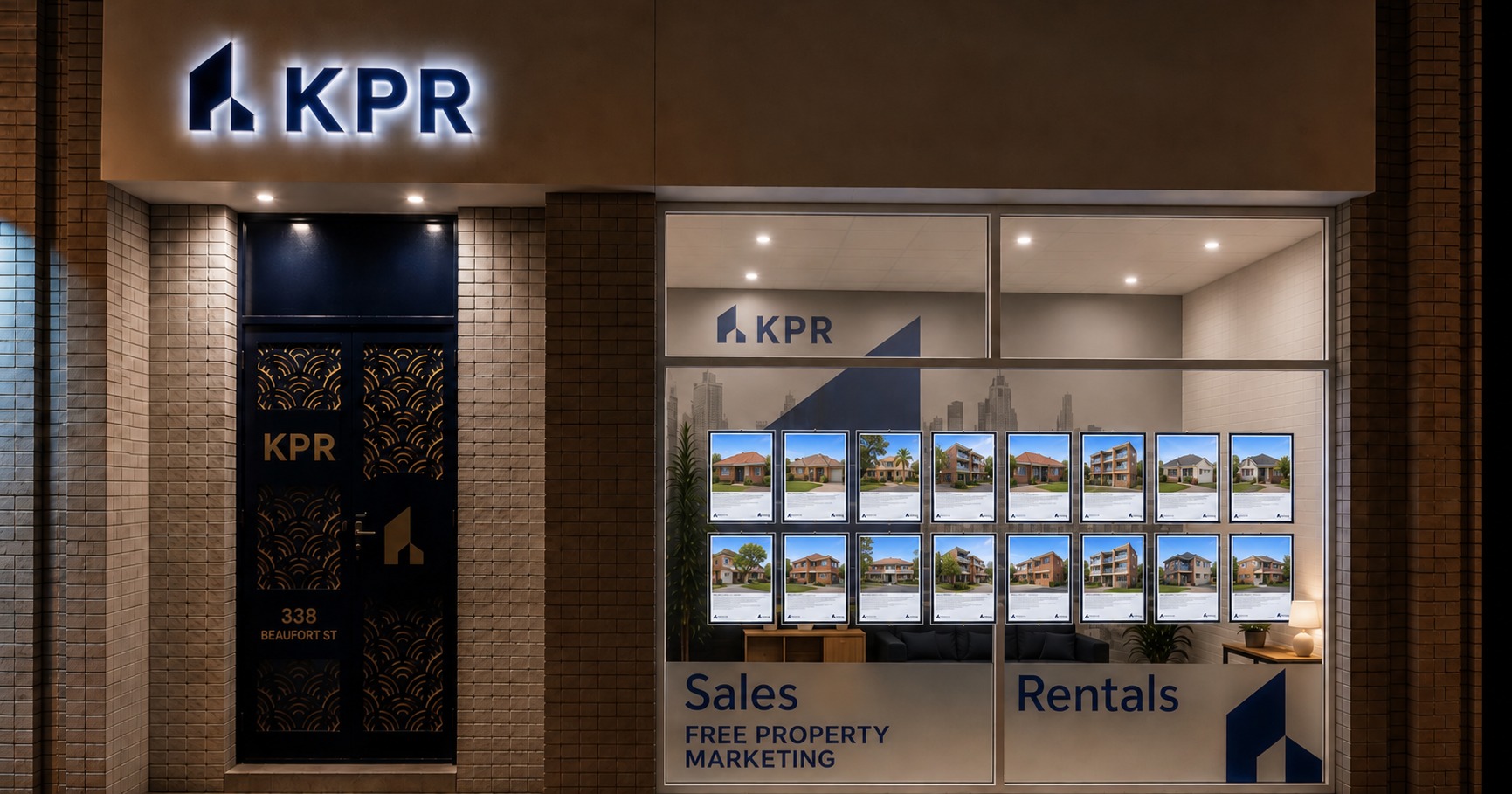 KPR office at 338 Beaufort Street, Perth, lit at night