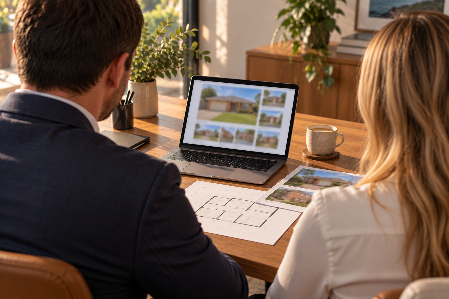 Two KPR salespeople going through a listing on a laptop with a floor plan and printed property brochures on the desk