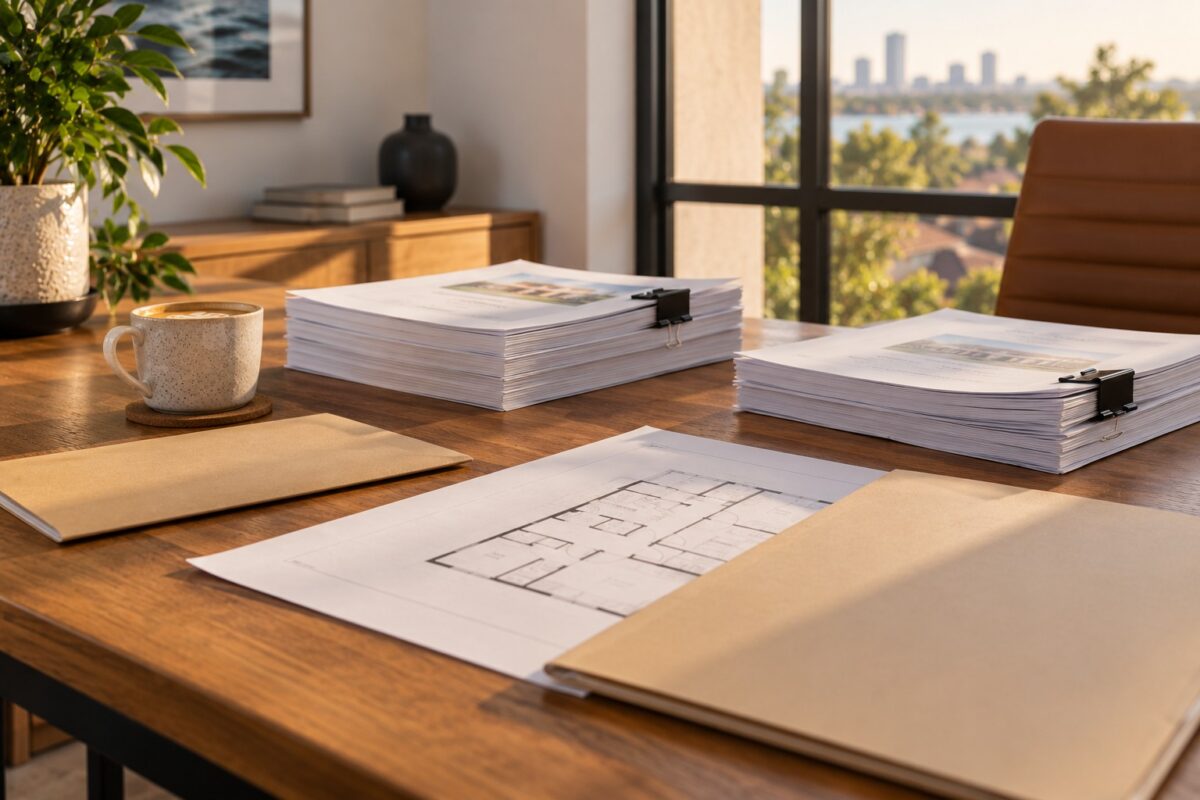 Strata company records and documents on a desk