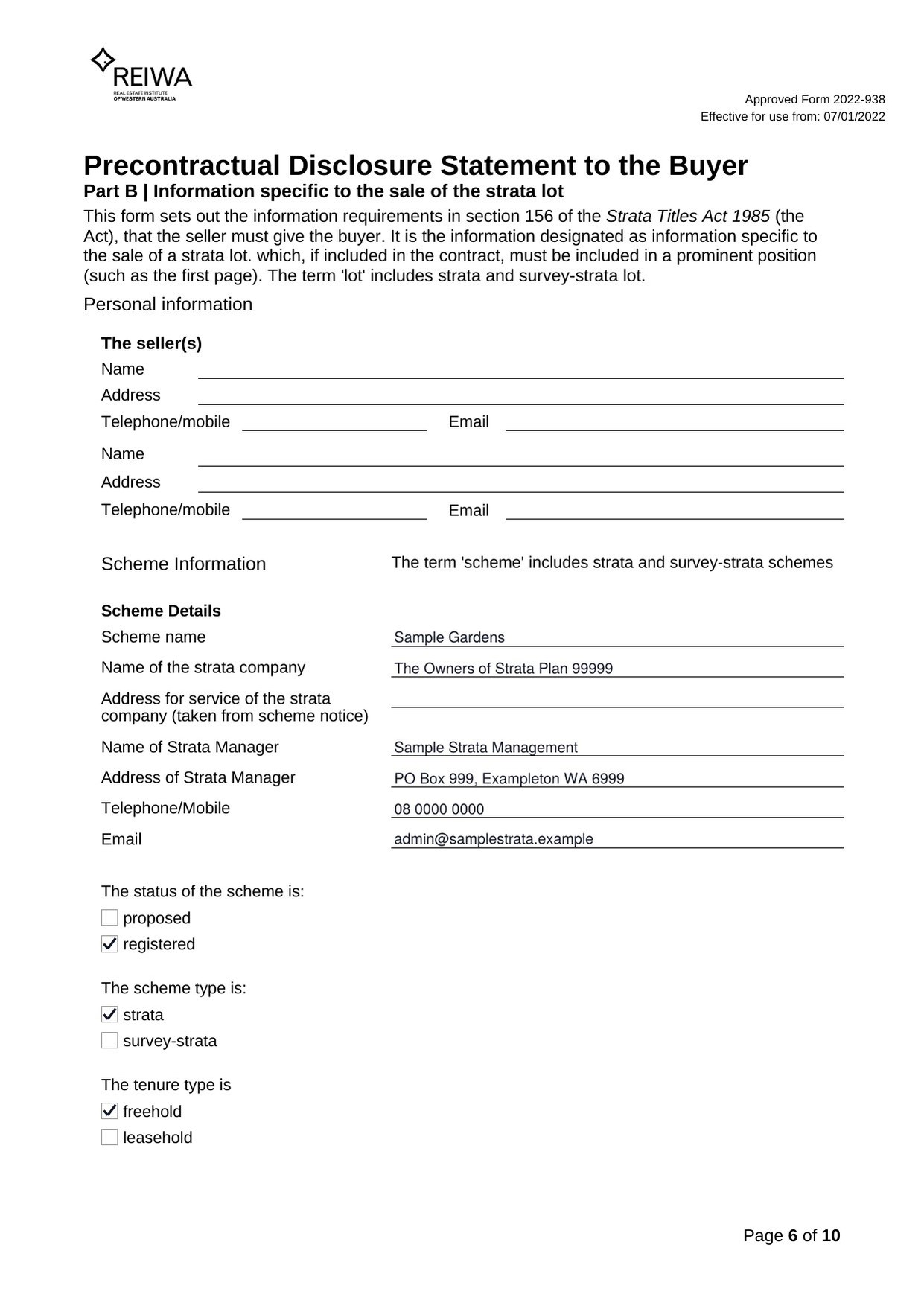 REIWA Precontractual Disclosure Statement, Part B page 6, with the scheme and strata manager filled in and the seller section left blank