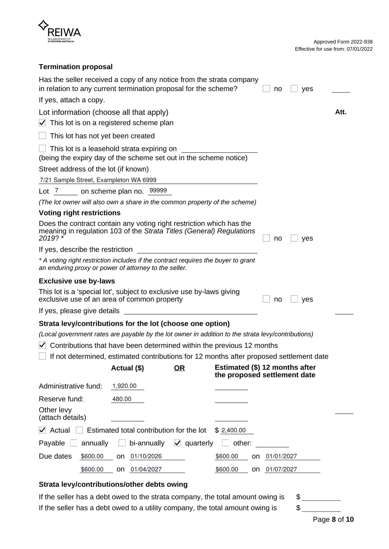 REIWA Precontractual Disclosure Statement, page 8, with the lot, the year's levies and four quarterly instalments with due dates filled in